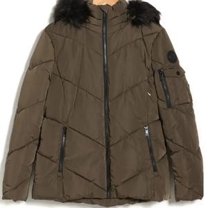 Faux Fur Trim Hooded Chevron Puffer Jacket